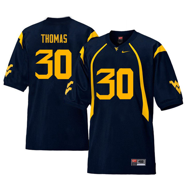 Men #30 J.T. Thomas West Virginia Mountaineers Retro College Football Jerseys Sale-Navy - Click Image to Close